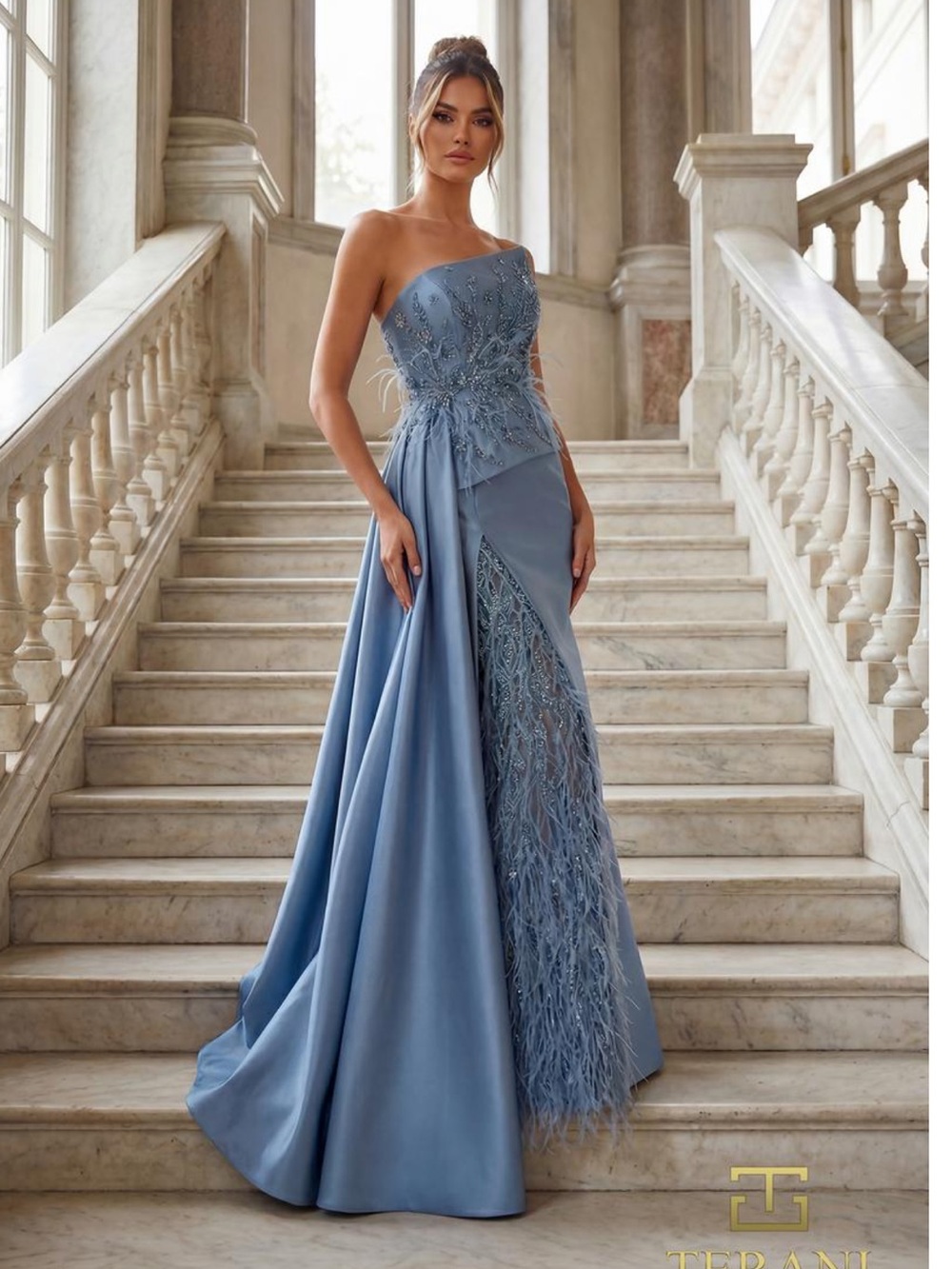 Terani Couture 7052 Slate Blue Feather-Embellished Gown